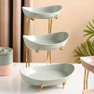 3-Tier Ceramic Serving Stand with Gold Metal Frame - Mint Green 20% off